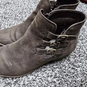 Women’s Suede Ankle Booties in Dark Brown with Buckle Detail